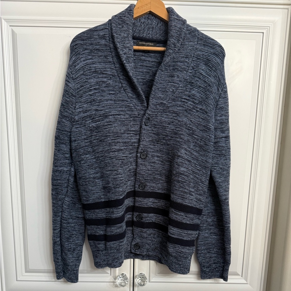 Banana Republic Factory Men’s L Blue Marled Shawl Collar Cardigan Navy Stripes